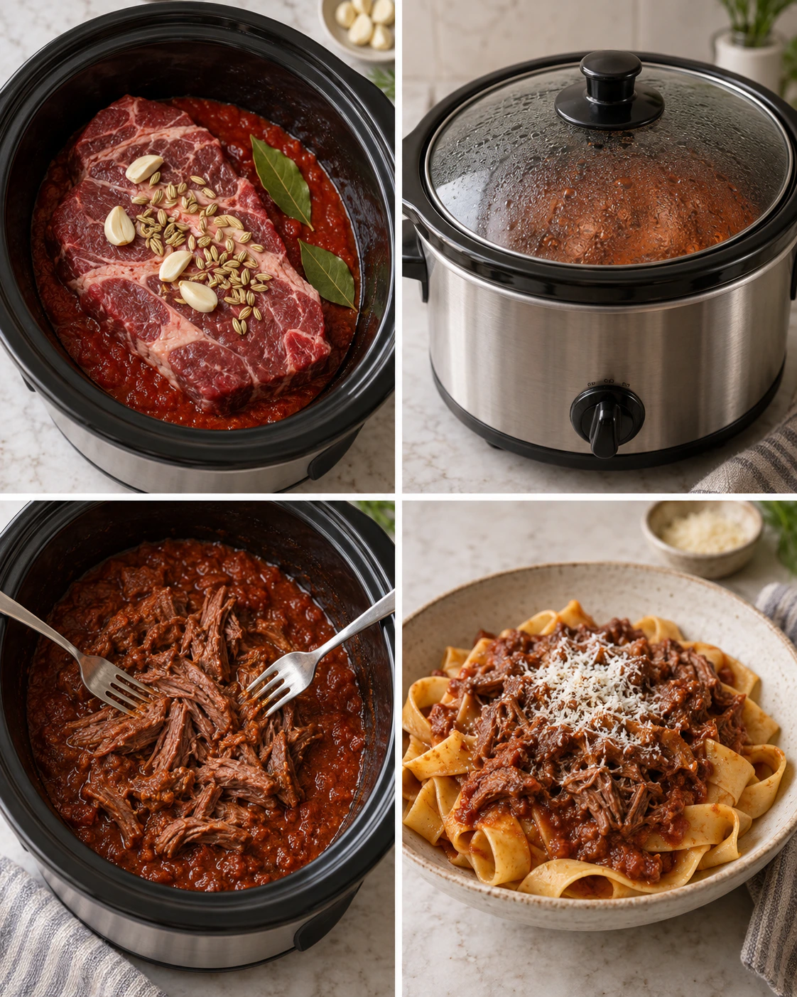 Four chronological preparation stages for Slow Cooker Beef Ragu