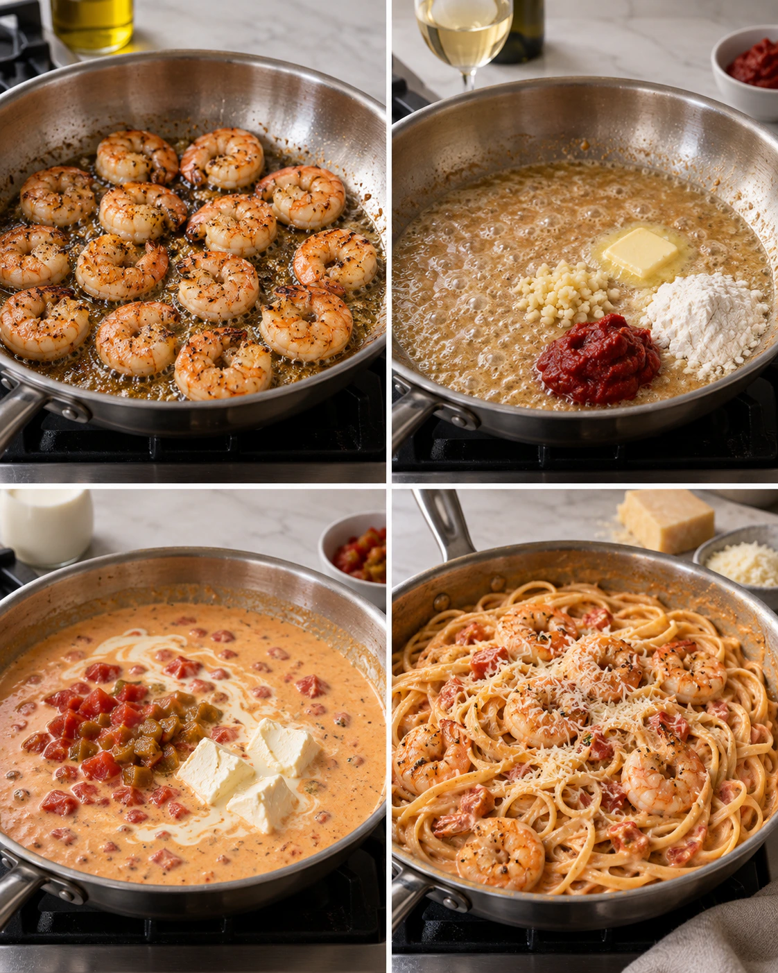 Four chronological preparation stages for Creamy Shrimp Pasta