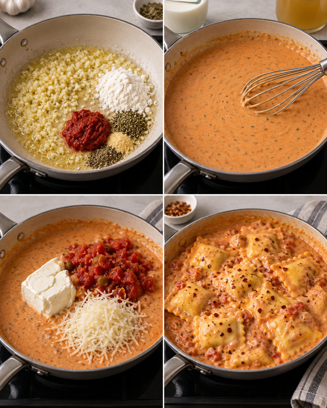 Four chronological preparation stages for Easy Ravioli Sauce