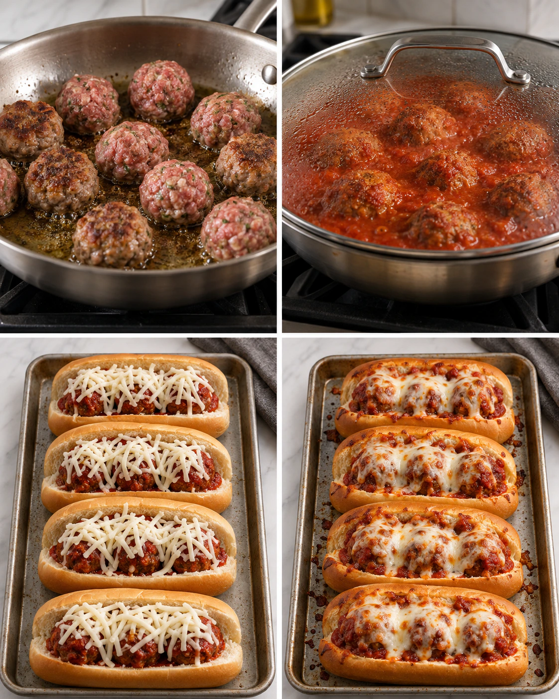 Four chronological preparation stages for Easy Weeknight Meatball Sub