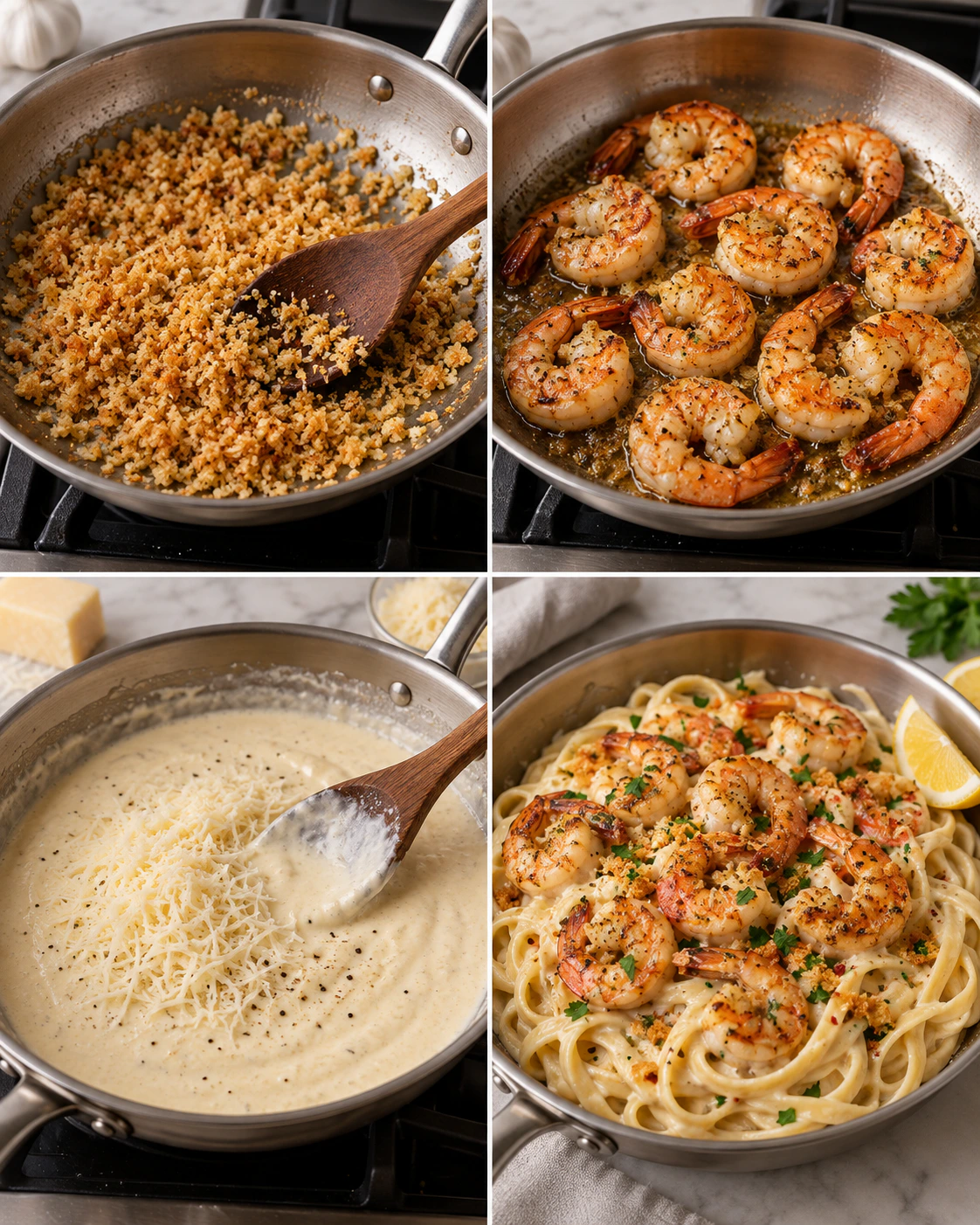 Four chronological preparation stages for Shrimp Alfredo