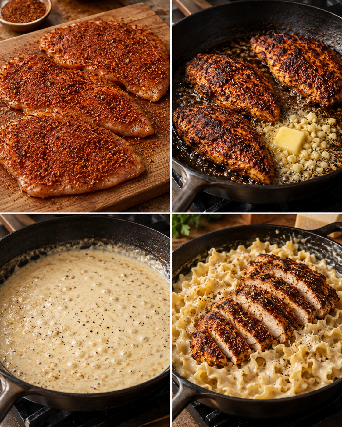 Four chronological preparation stages for Blackened Cajun Chicken Alfredo