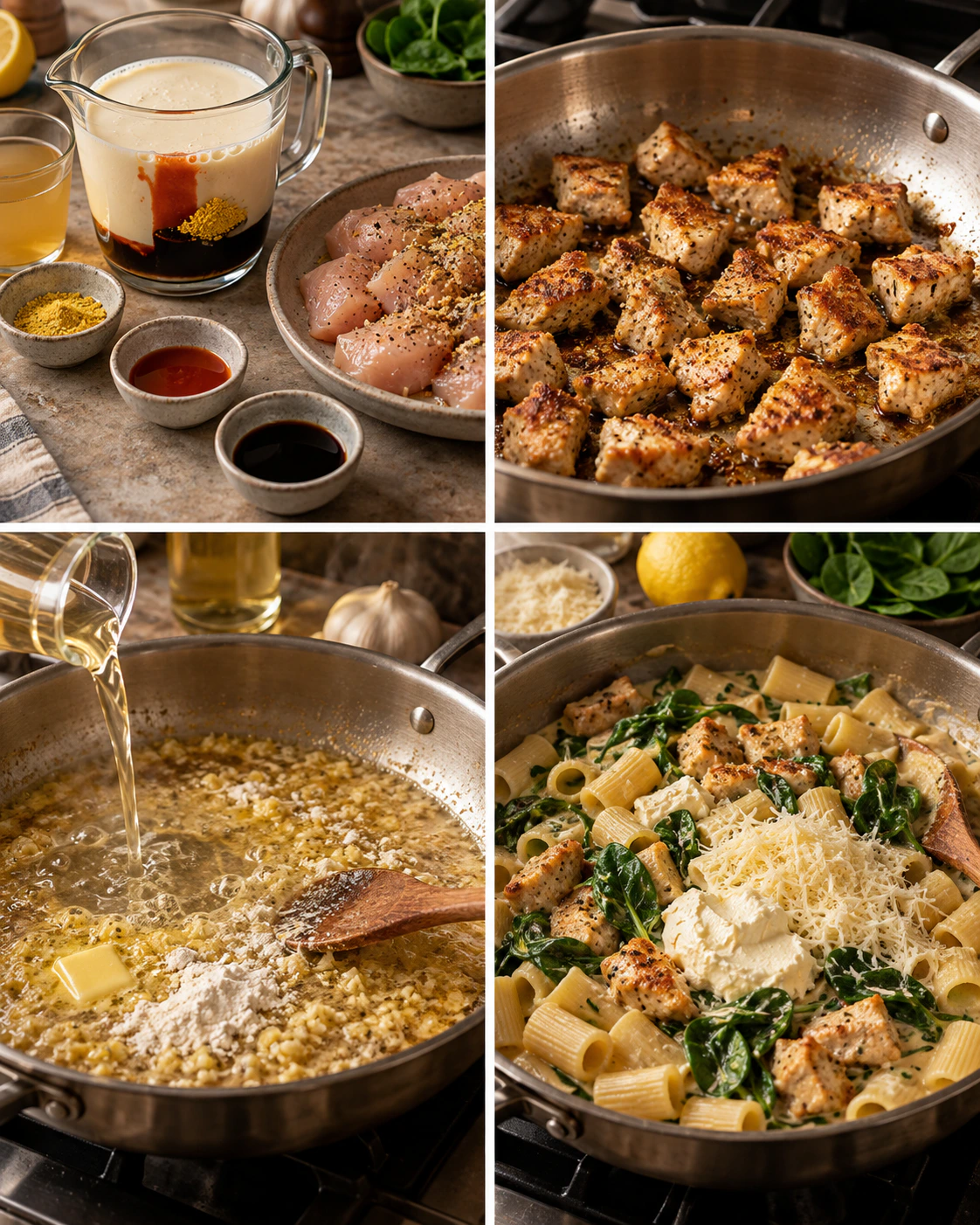Four chronological preparation stages for Chicken Spinach Pasta