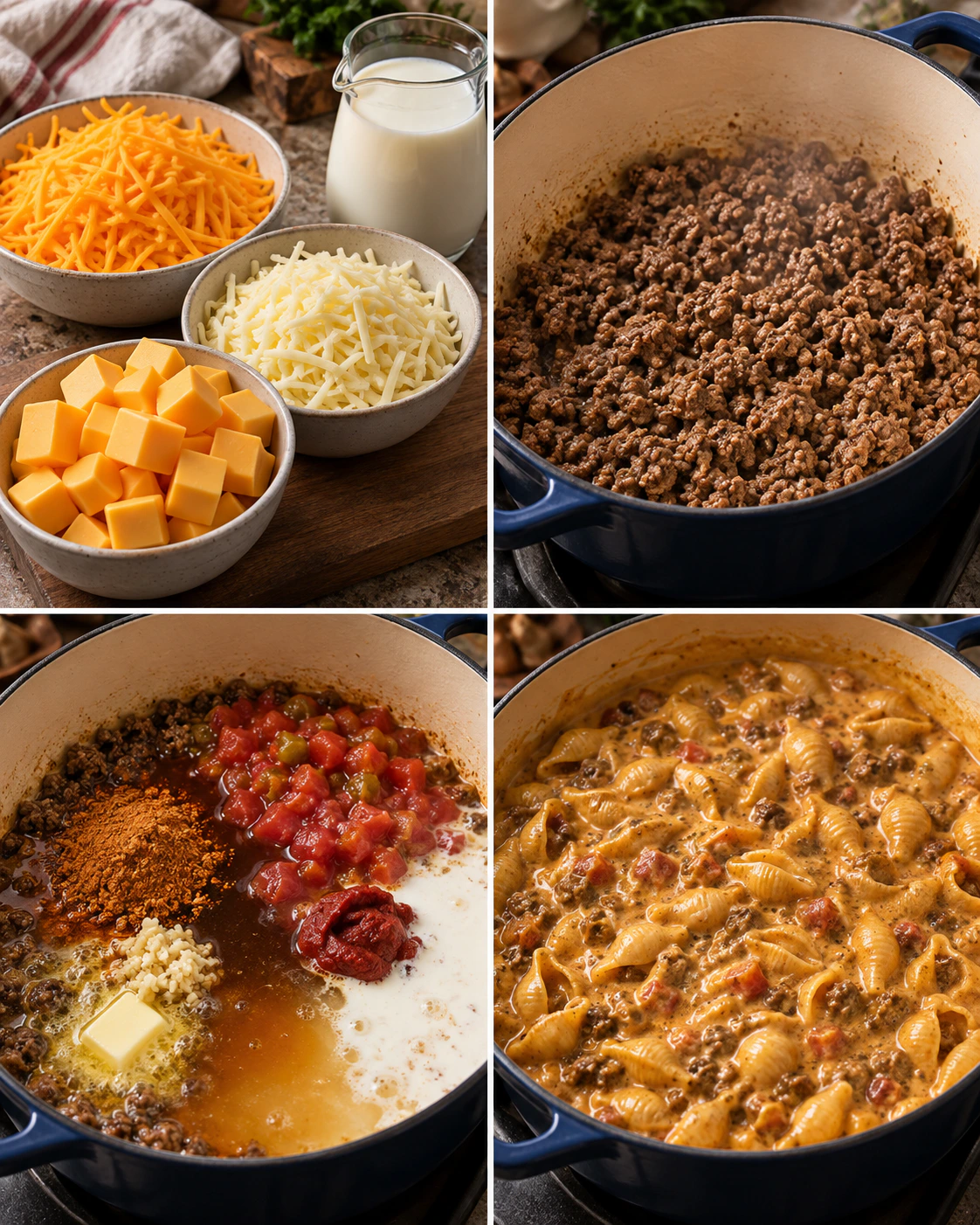 Four chronological preparation stages for Creamy Taco Pasta