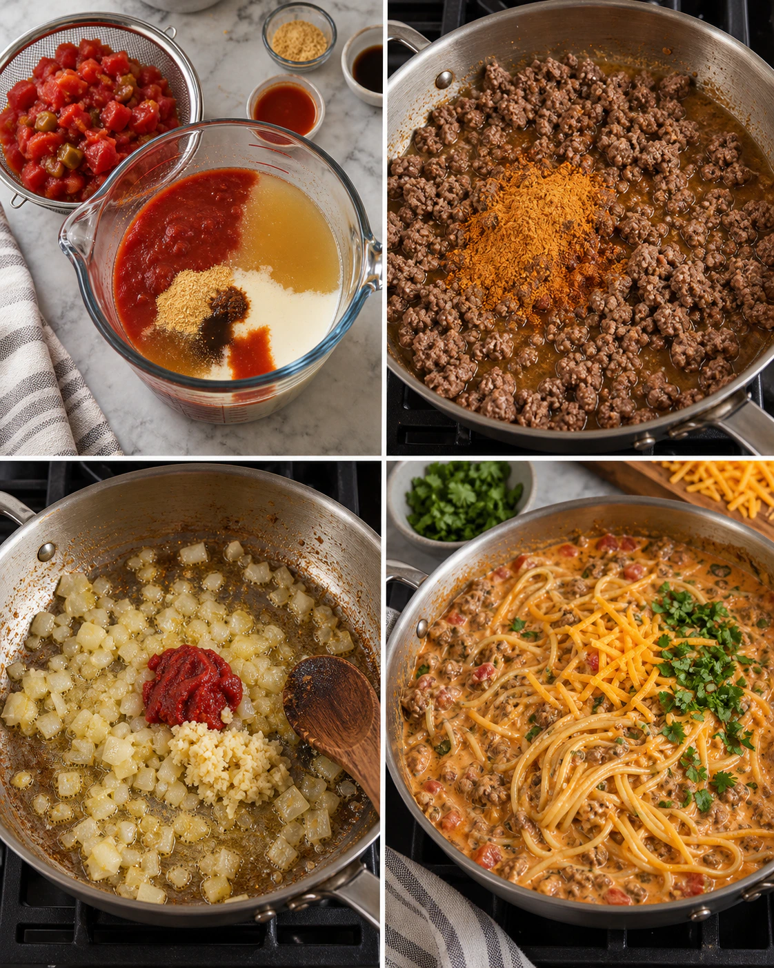 Four chronological preparation stages for Taco Spaghetti