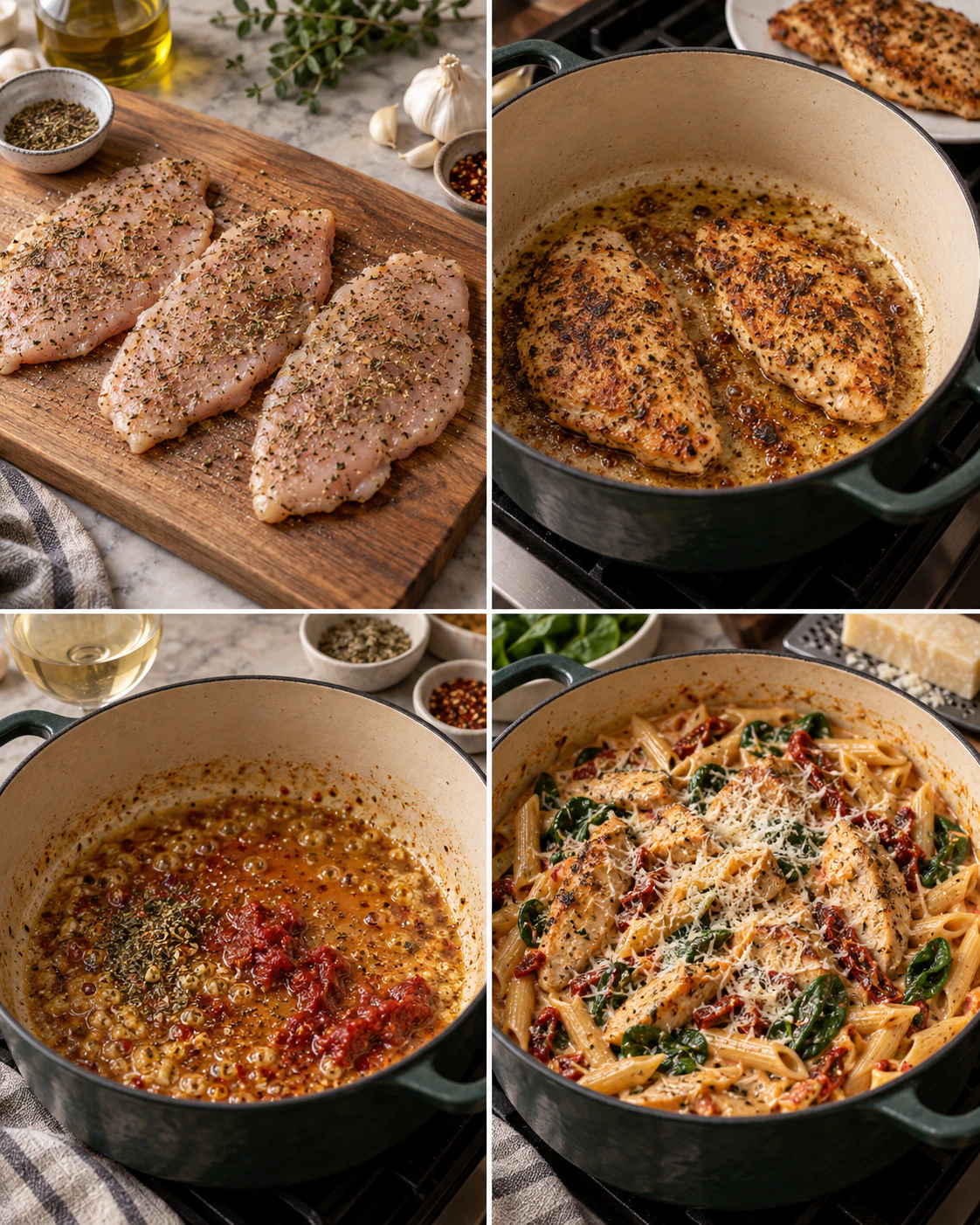 Four chronological preparation stages for Tuscan Chicken Pasta