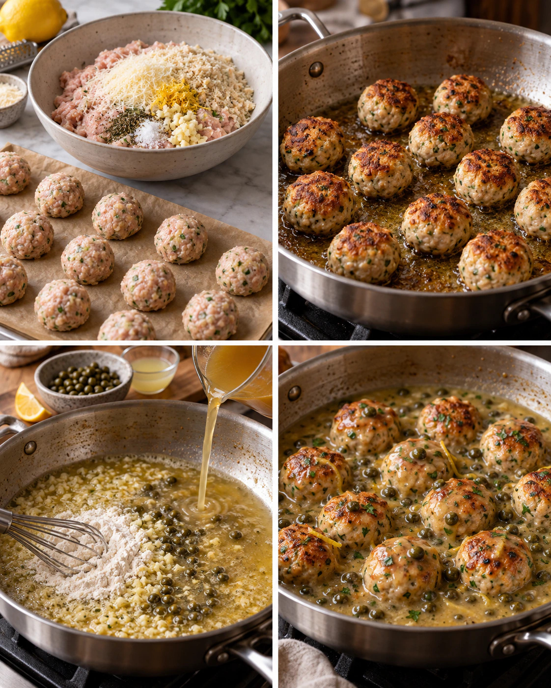 Four chronological preparation stages for Chicken Piccata Meatballs
