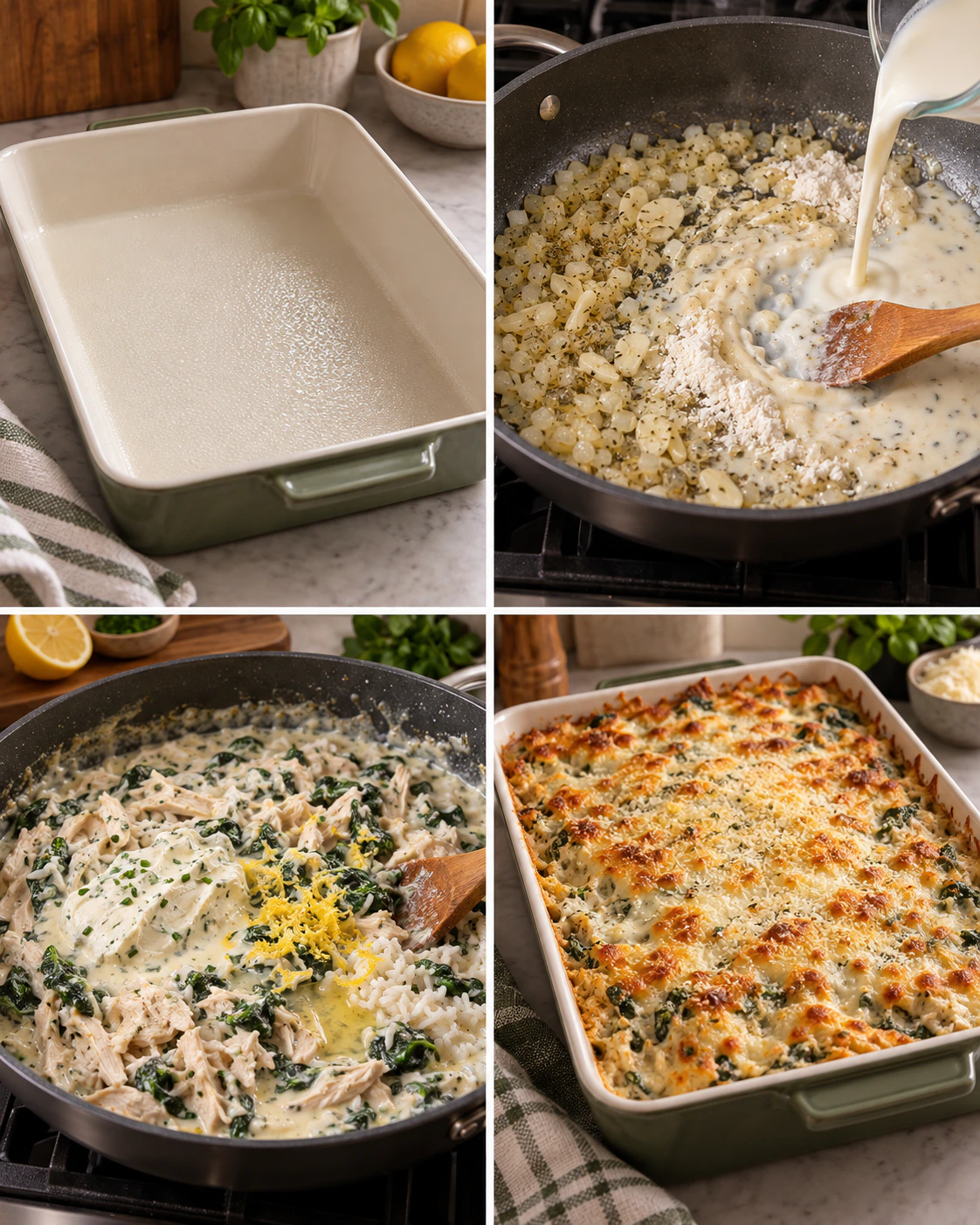Four chronological preparation stages for Creamy Chicken and Spinach Casserole