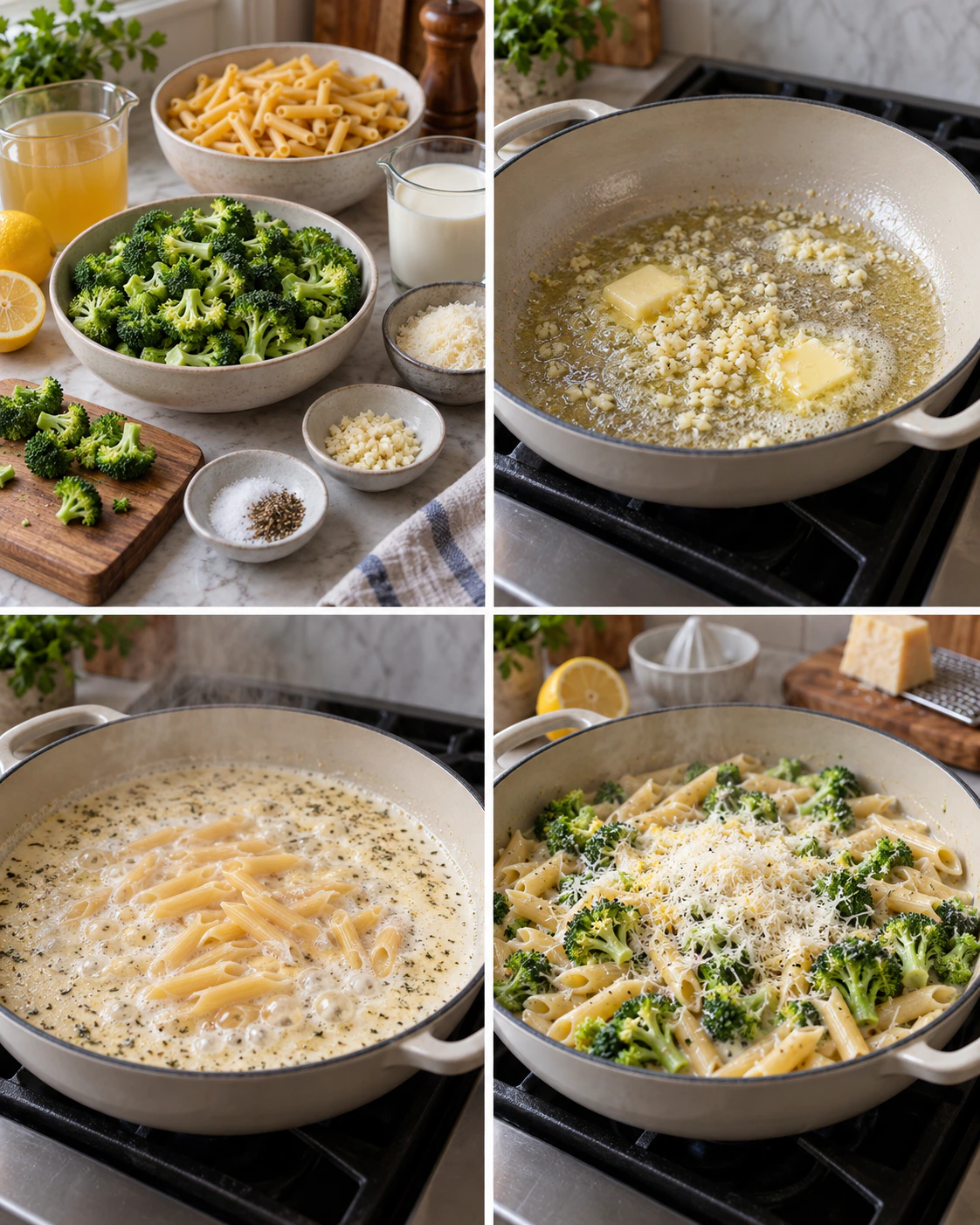 Four chronological preparation stages for Creamy Broccoli Pasta