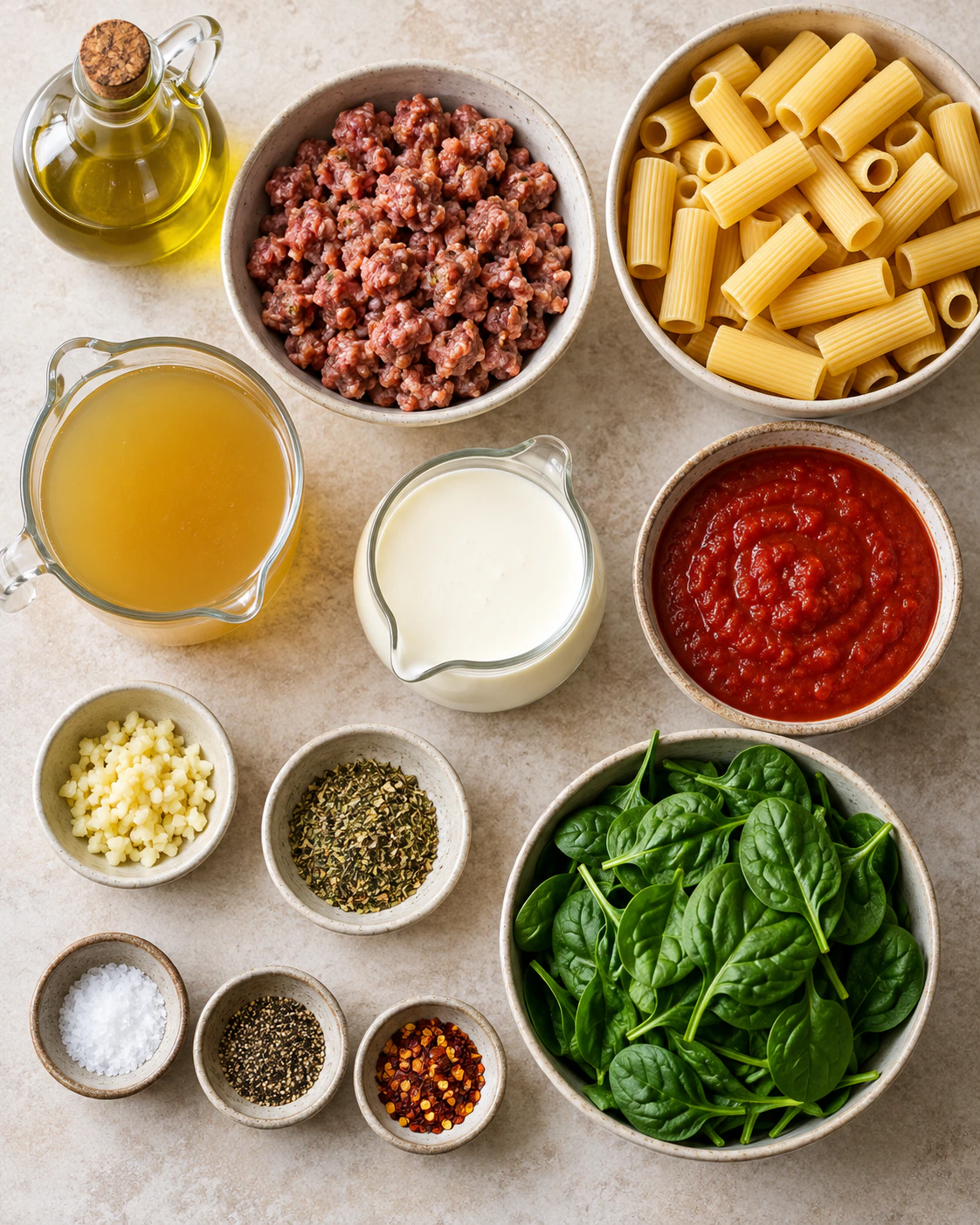 Exact measured ingredients for One-Pot Creamy Sausage Rigatoni