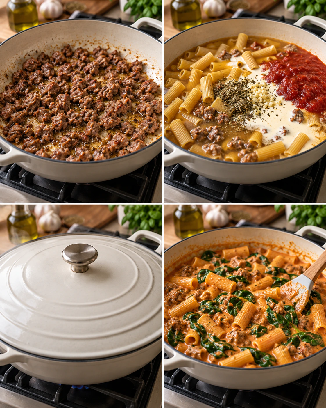 Four chronological preparation stages for One-Pot Creamy Sausage Rigatoni