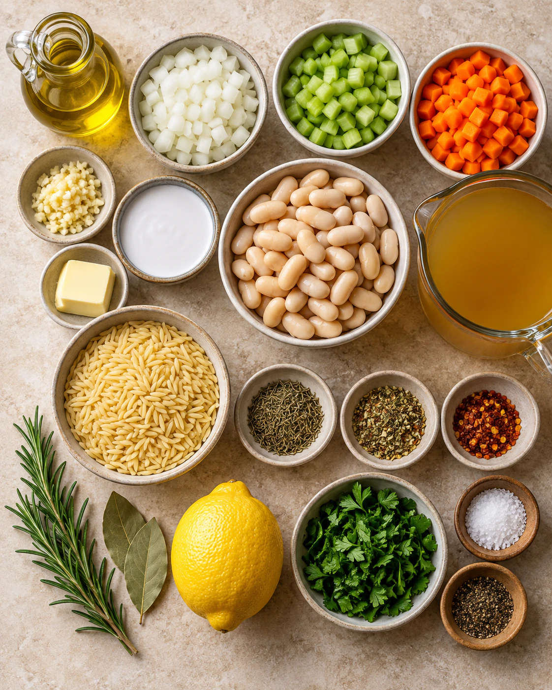 Exact measured ingredients for Zesty Lemon White Bean Orzo Soup