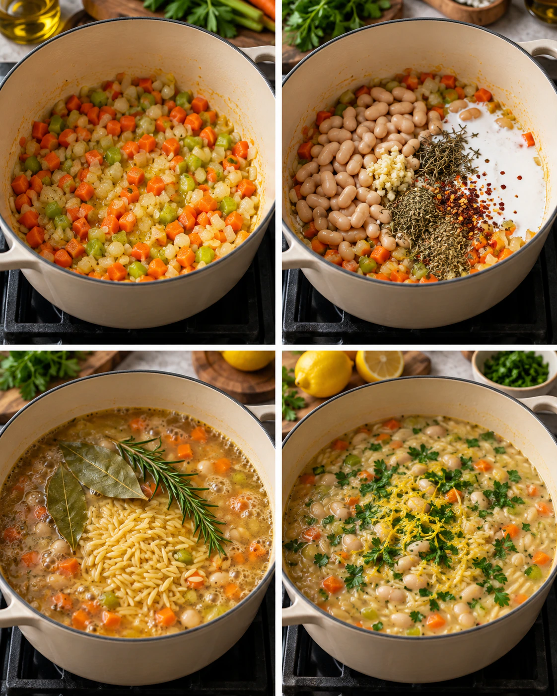 Four chronological preparation stages for Zesty Lemon White Bean Orzo Soup