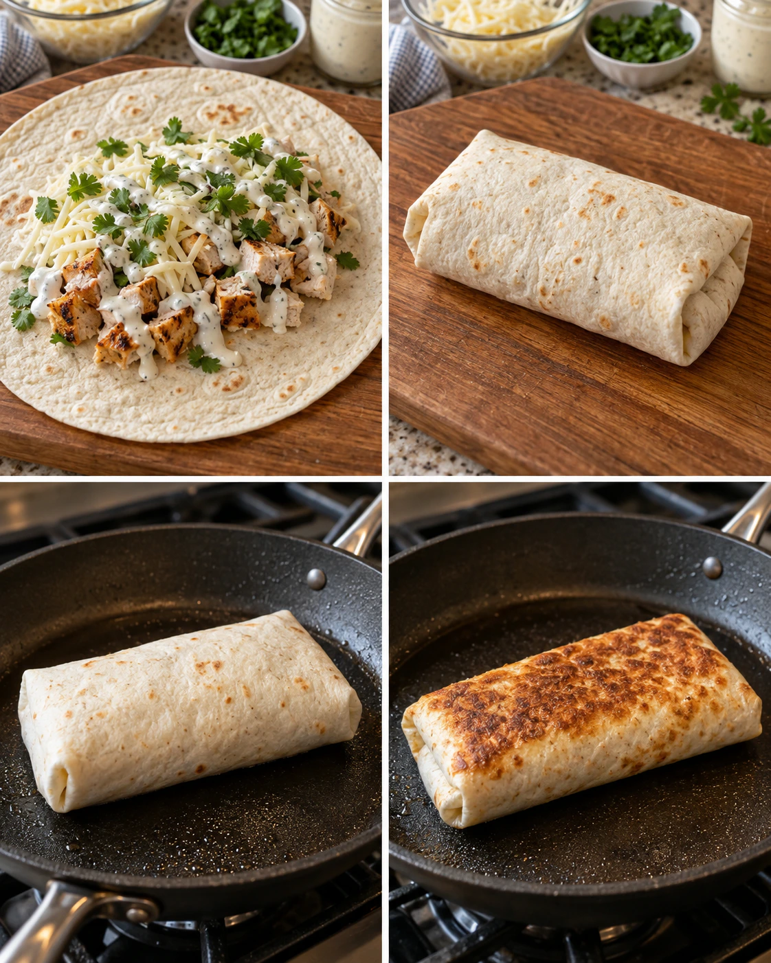 Four chronological preparation stages for Chicken Ranch Wraps
