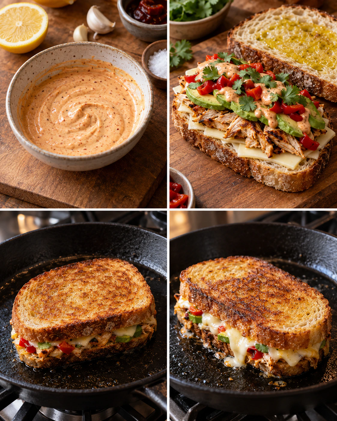 Four chronological preparation stages for Chipotle Chicken Avocado Melt