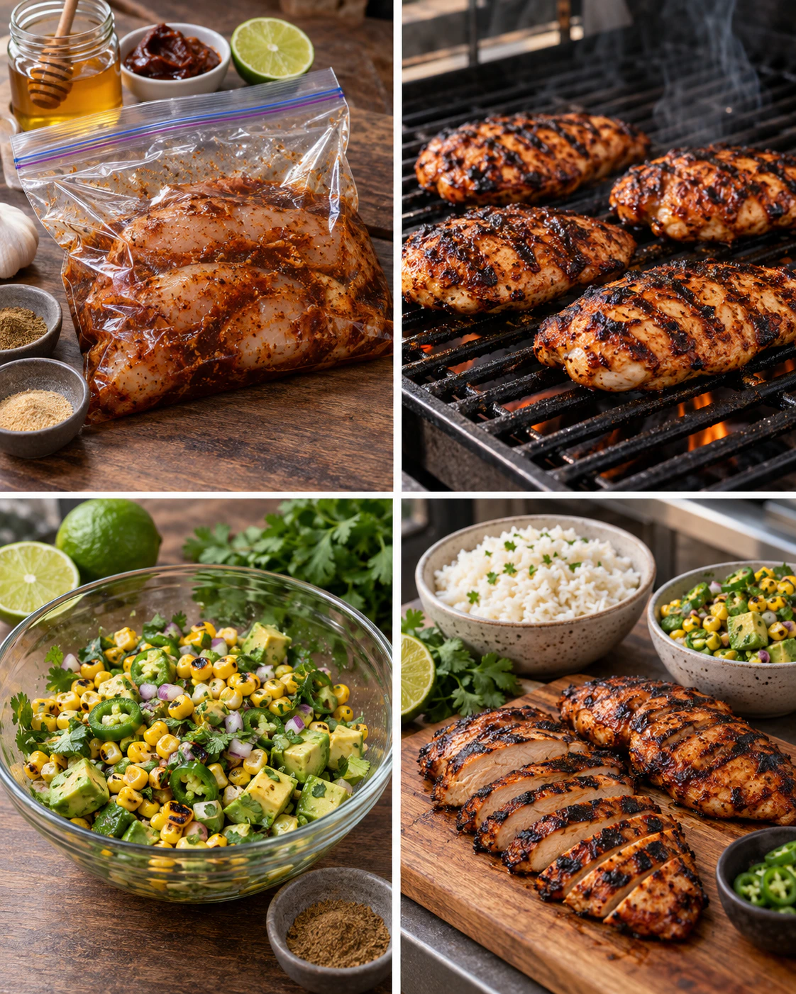 Four chronological preparation stages for Honey Chipotle Chicken Rice Bowls
