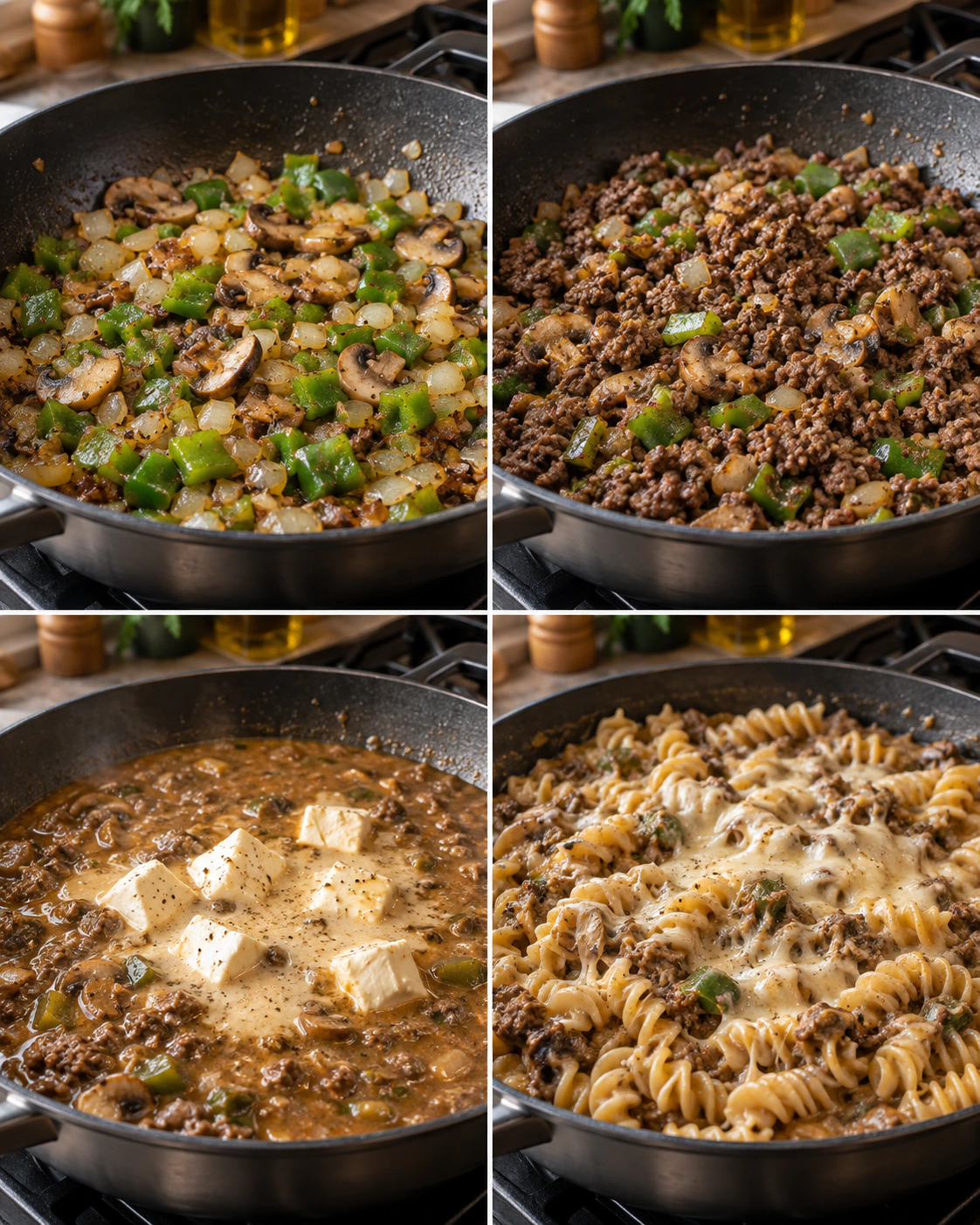 Four chronological preparation stages for Philly Cheesesteak Pasta Recipe