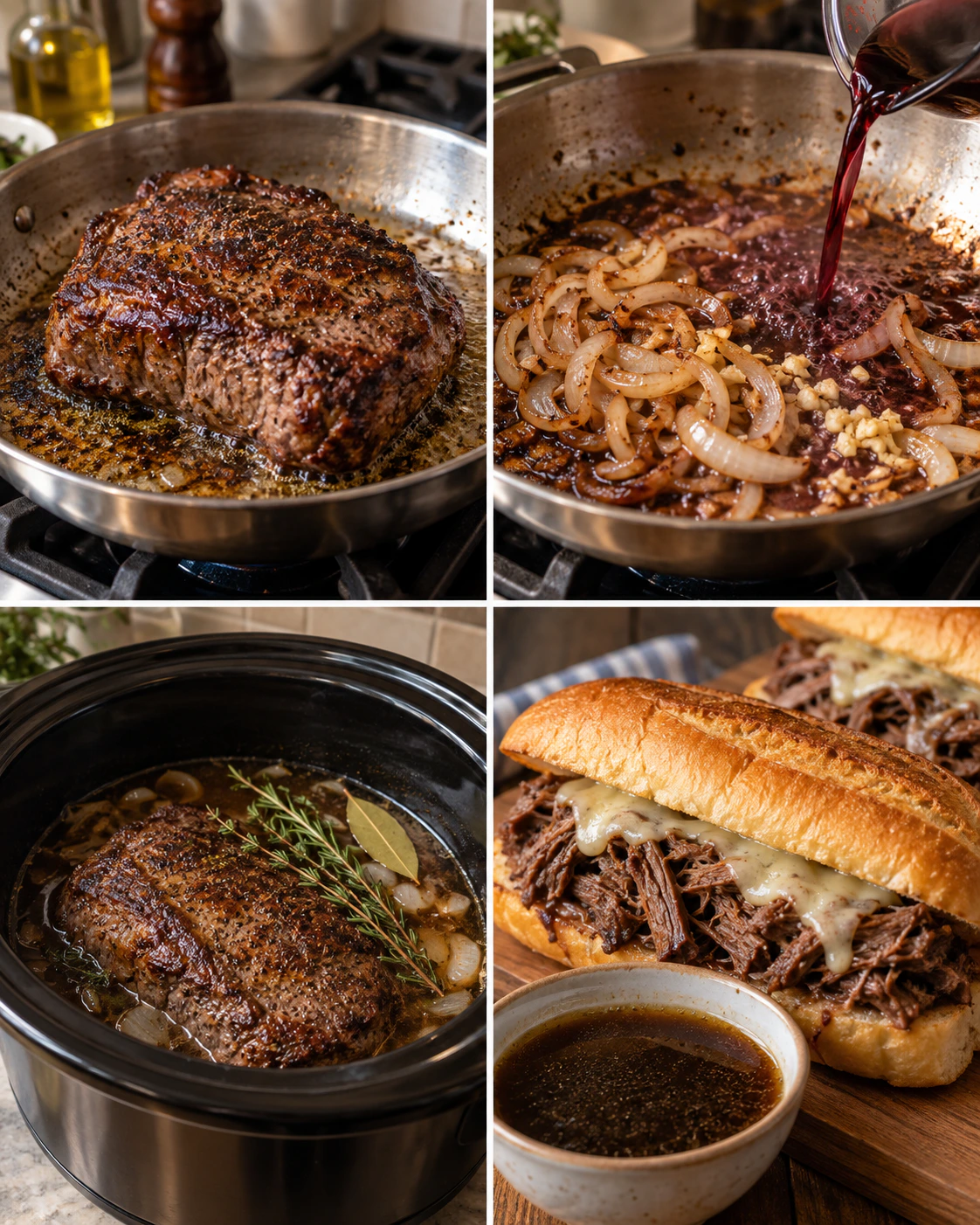 Four chronological preparation stages for Slow-Cooked French Dip Sandwiches