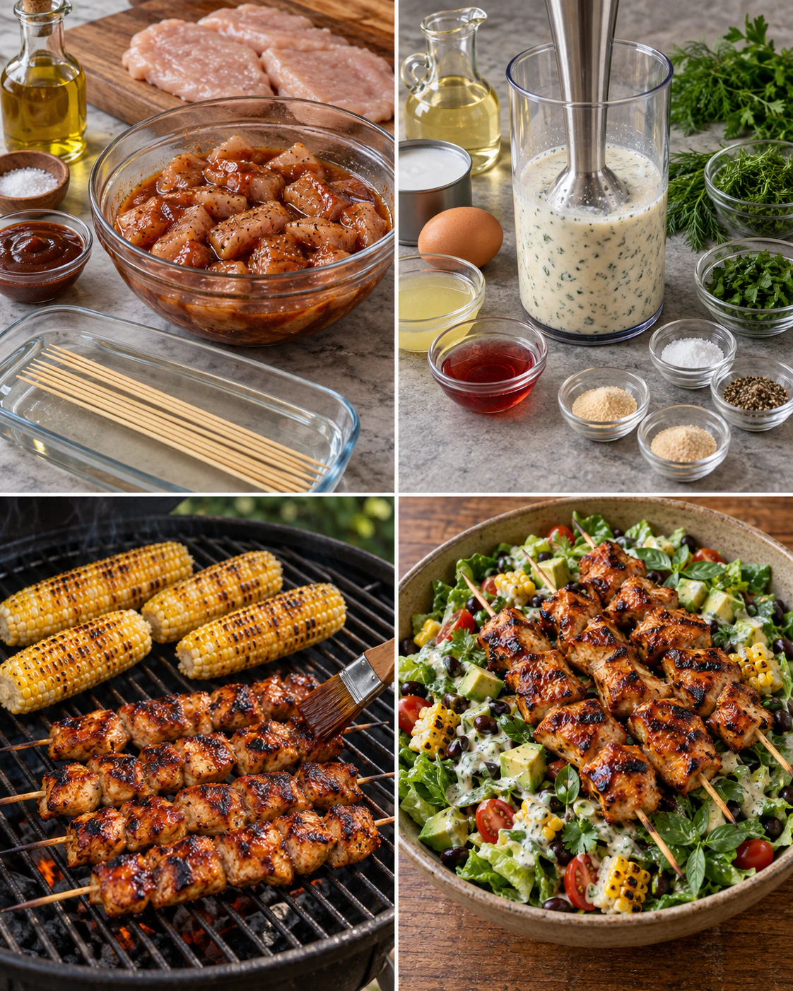 Four chronological preparation stages for BBQ Chicken Skewer Salad