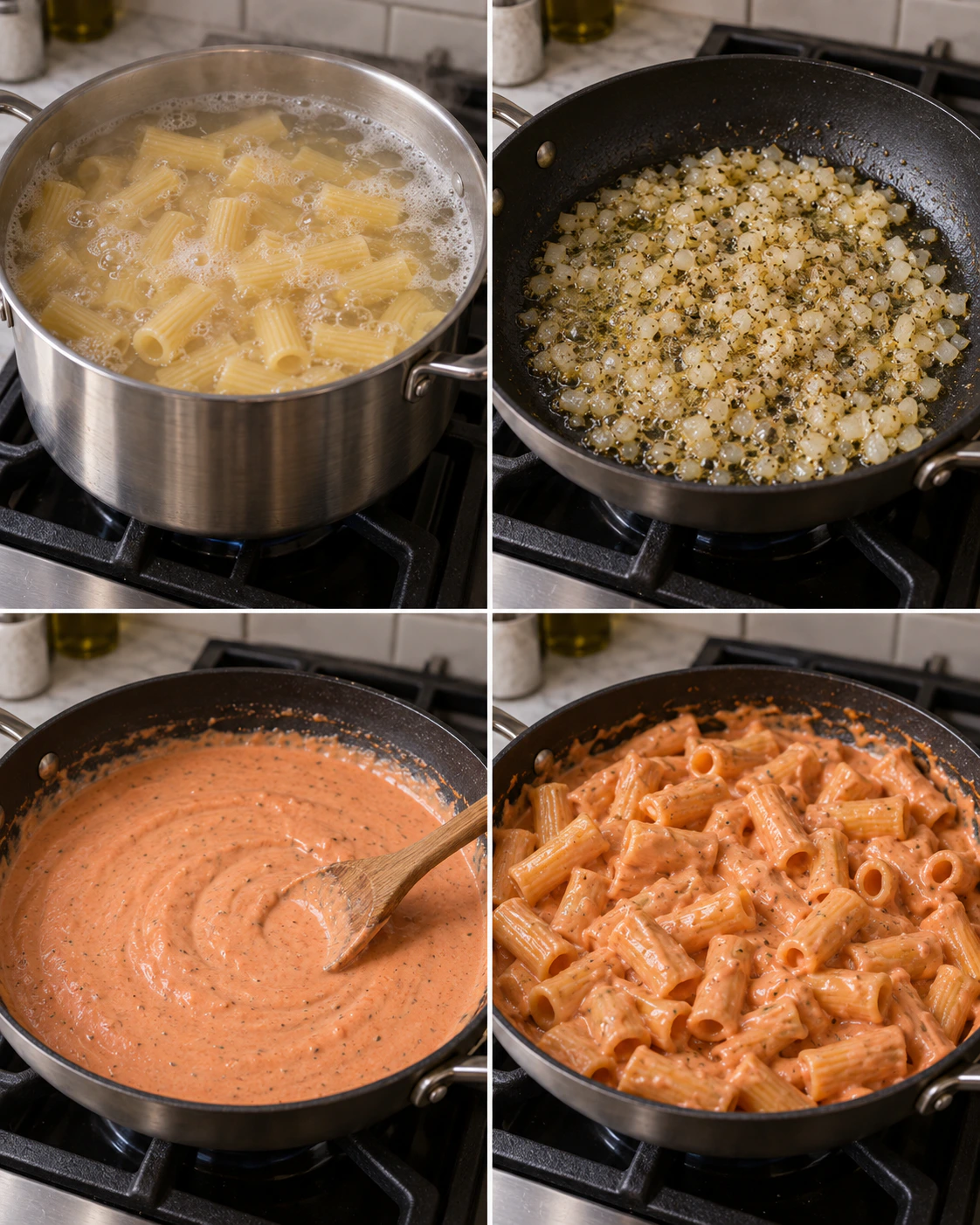Four chronological preparation stages for Easy Pink Sauce Pasta