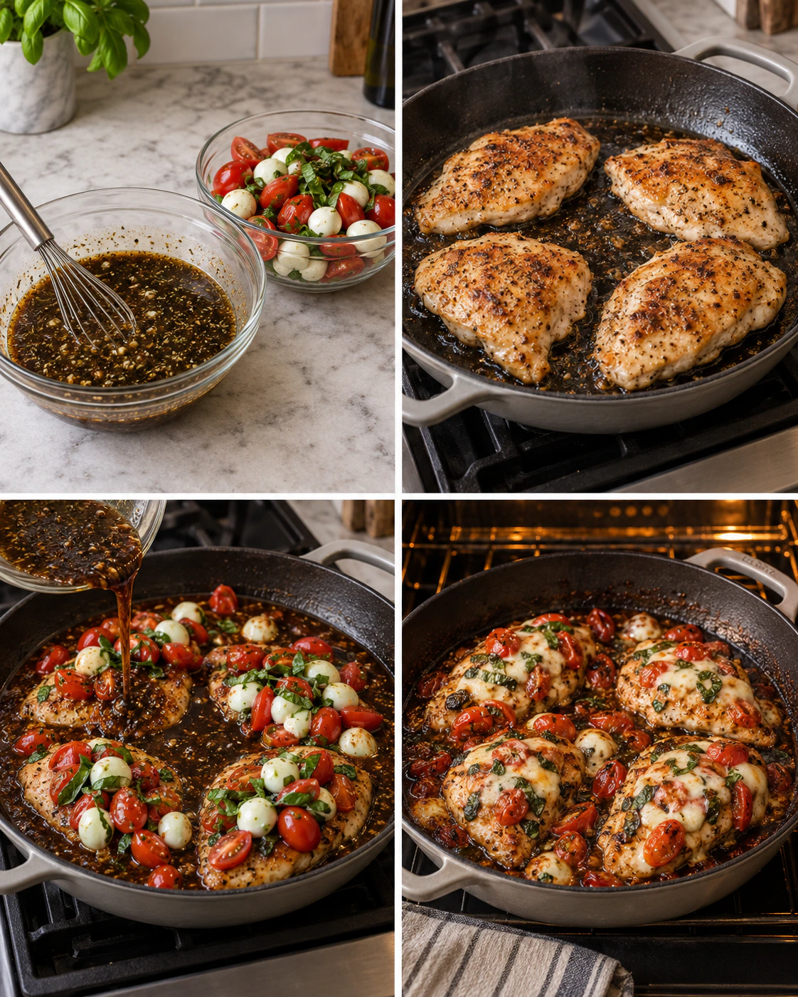 Four chronological preparation stages for One Pan Balsamic Chicken