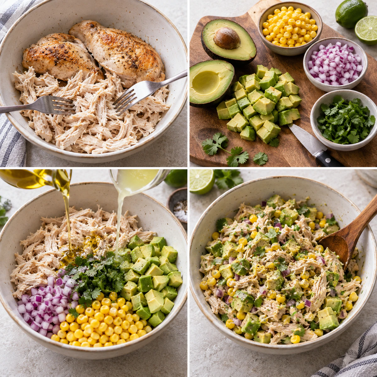 Four chronological preparation stages for Avocado Chicken Salad