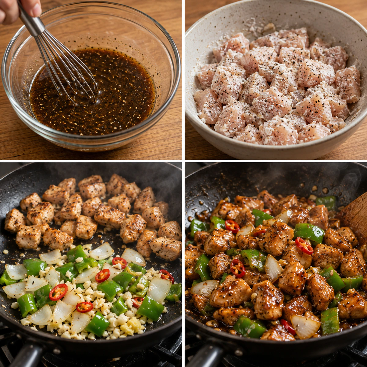 Four chronological preparation stages for Black Pepper Chicken Recipe