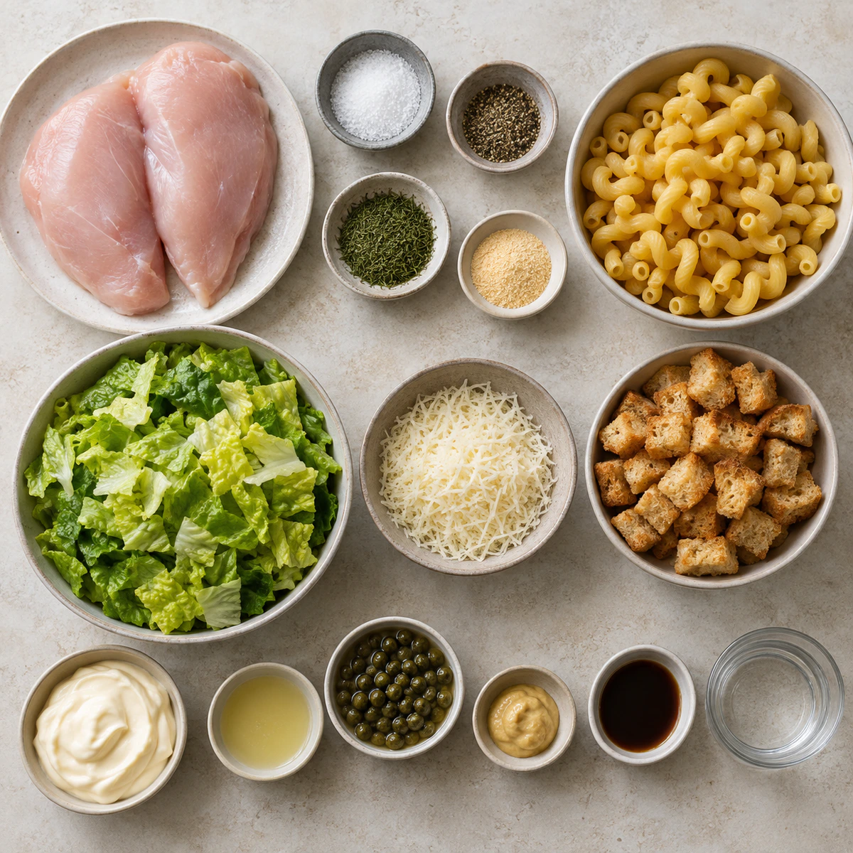 Exact measured ingredients for Chicken Caesar Pasta Salad