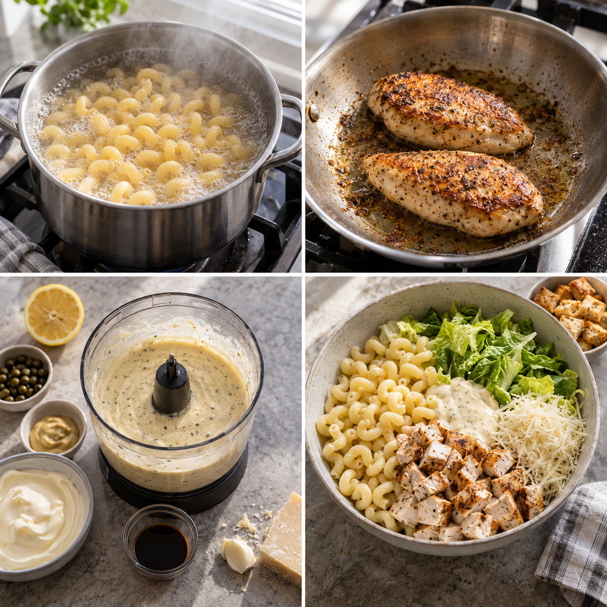 Four chronological preparation stages for Chicken Caesar Pasta Salad