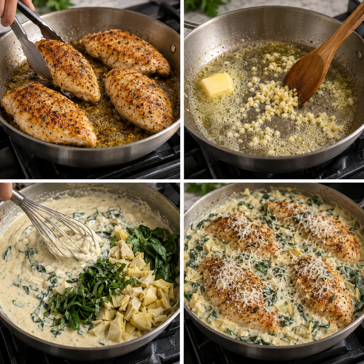 Four chronological preparation stages for Spinach Artichoke Chicken