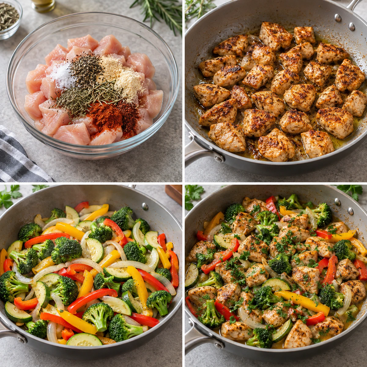 Four chronological preparation stages for Chicken and Vegetables Skillet