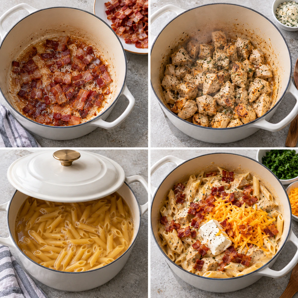 Four chronological preparation stages for Crack Chicken Penne
