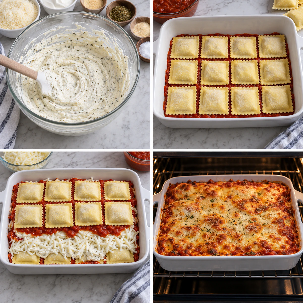 Four chronological preparation stages for Million Dollar Ravioli Lasagna