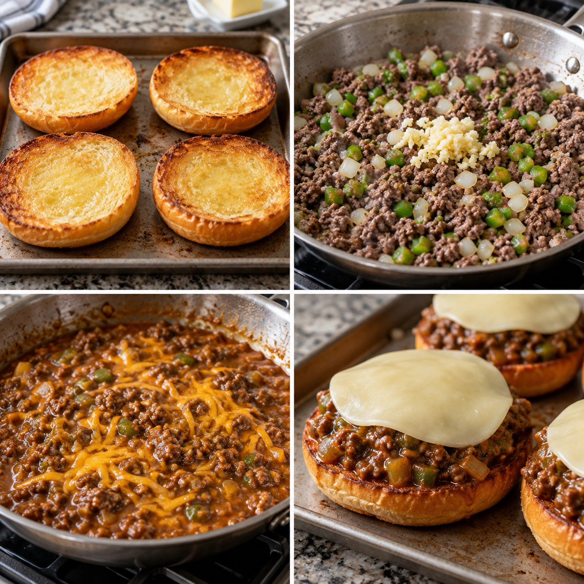 Four chronological preparation stages for Philly Cheesesteak Sloppy Joes