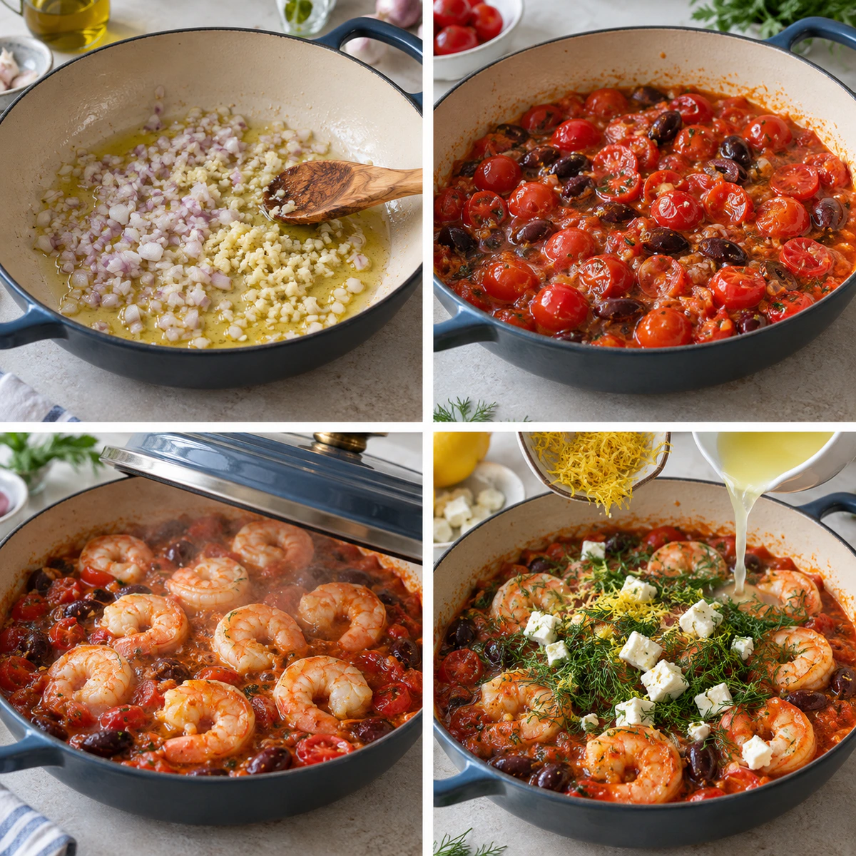 Four chronological preparation stages for Shrimp Saganaki
