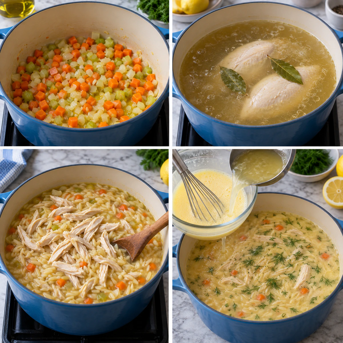 Four chronological preparation stages for Avgolemono Greek Lemon Chicken Soup