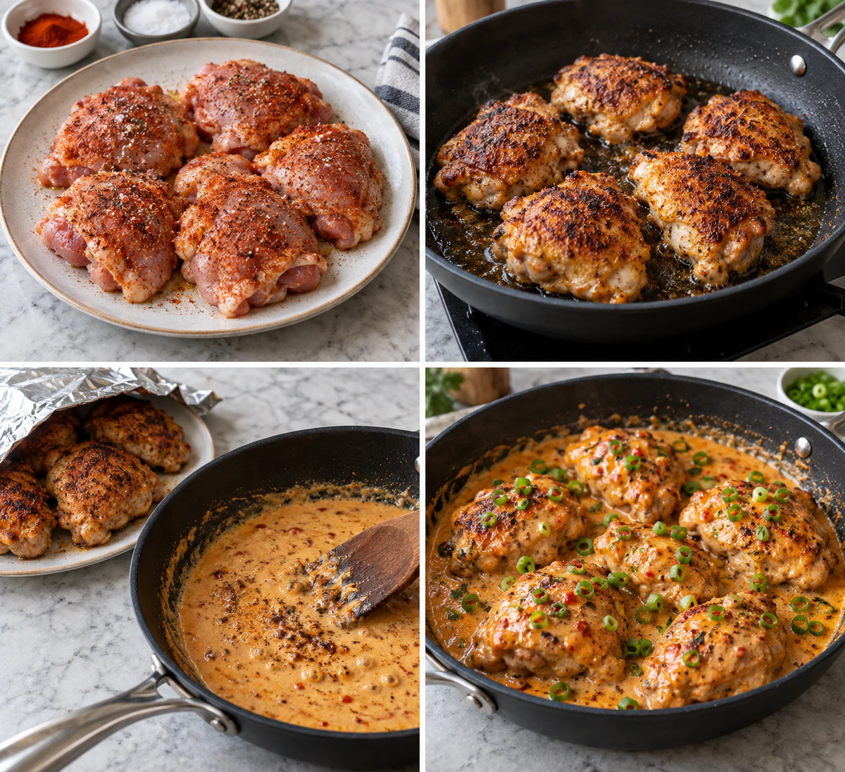 Four chronological preparation stages for Bang Bang Chicken Thighs