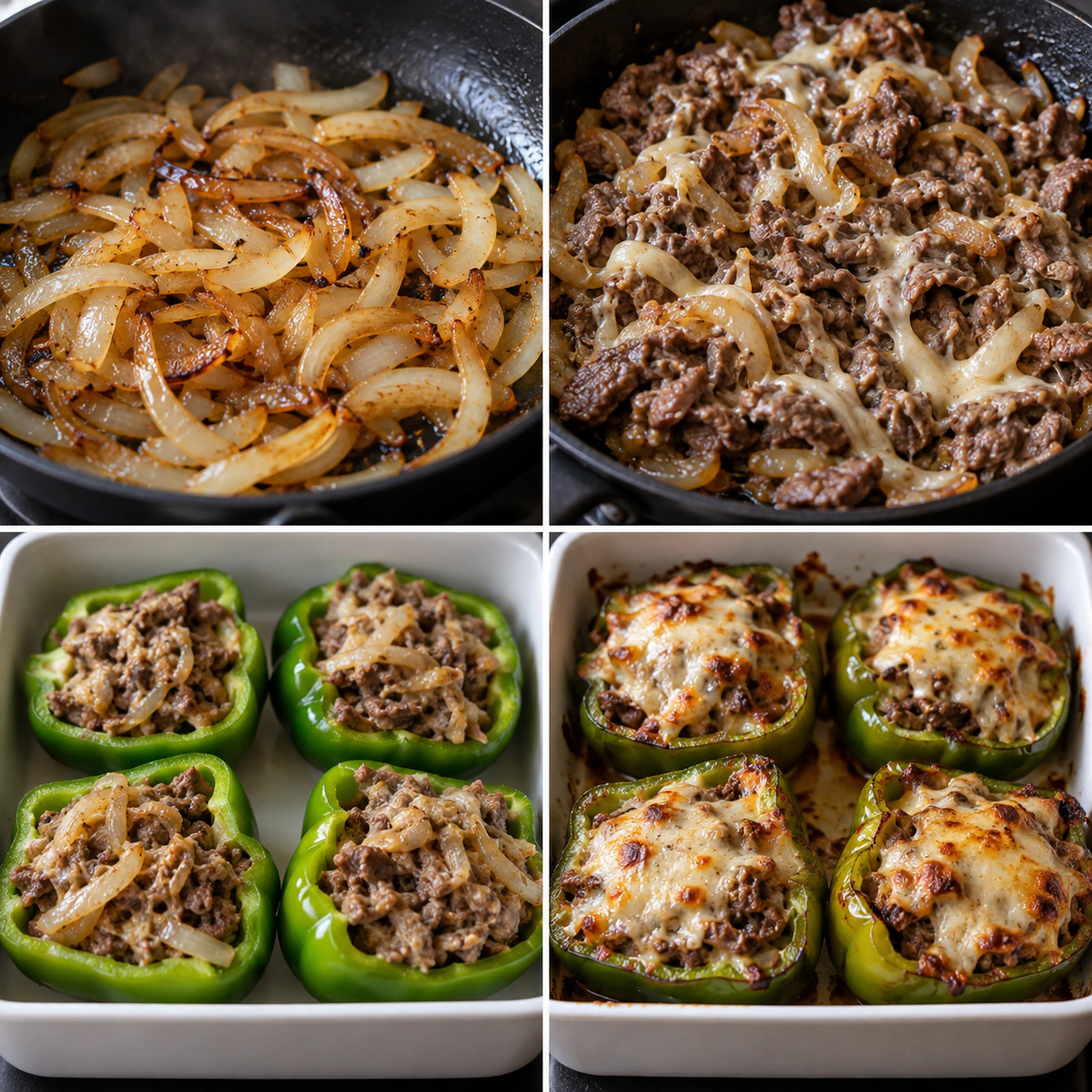 Four chronological preparation stages for Cheesesteak Stuffed Peppers