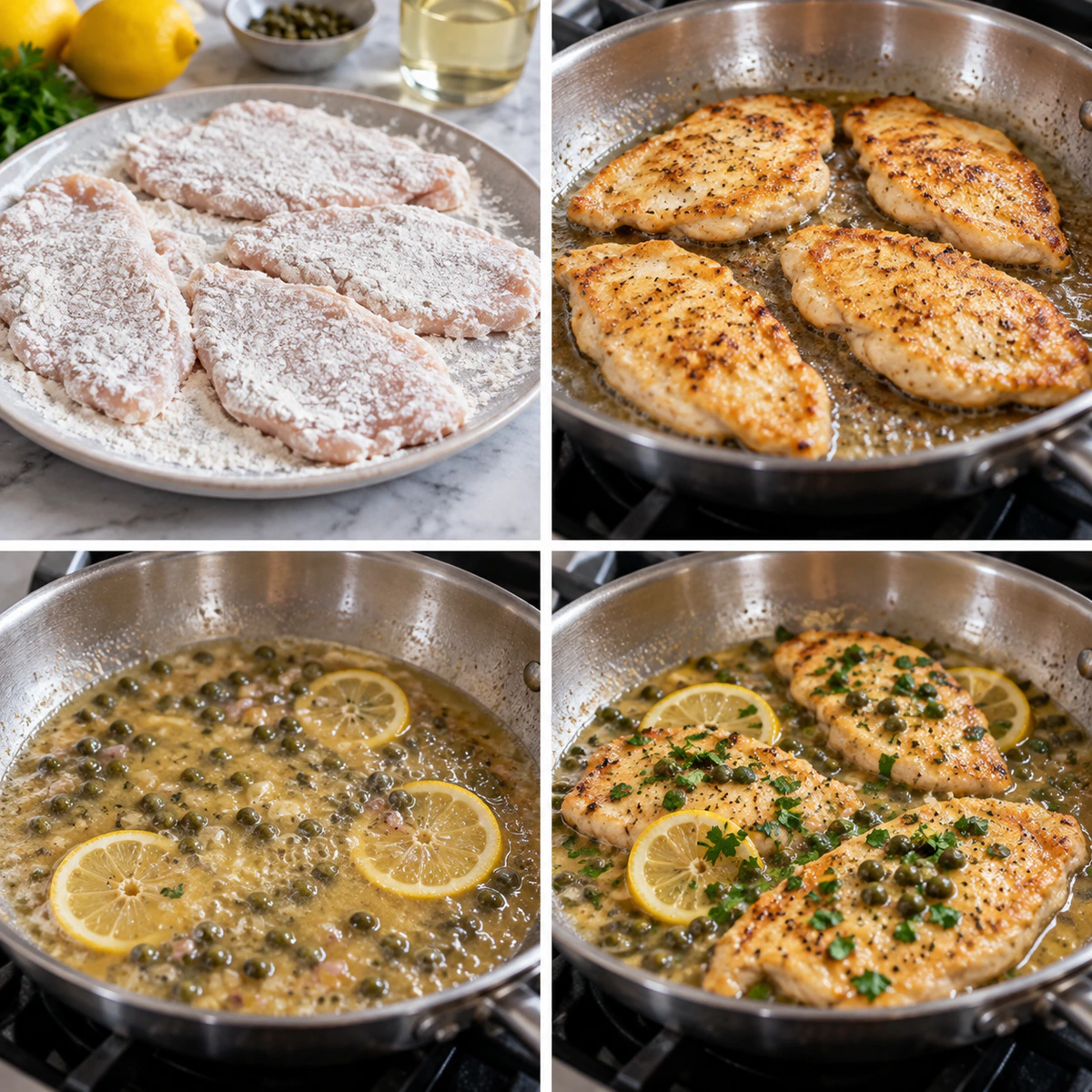 Four chronological preparation stages for Easy Chicken Piccata