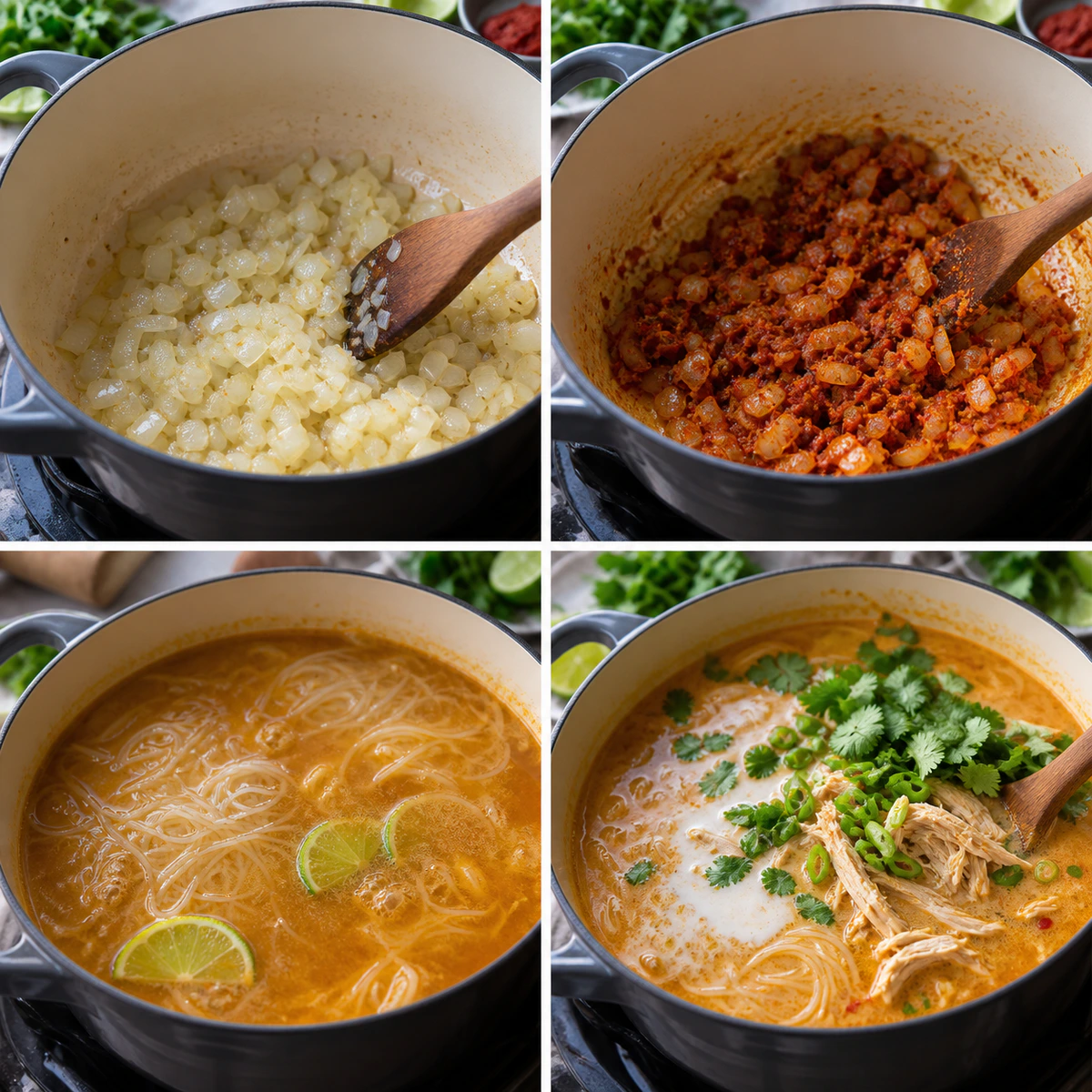 Four chronological preparation stages for Quick Curry Chicken Soup