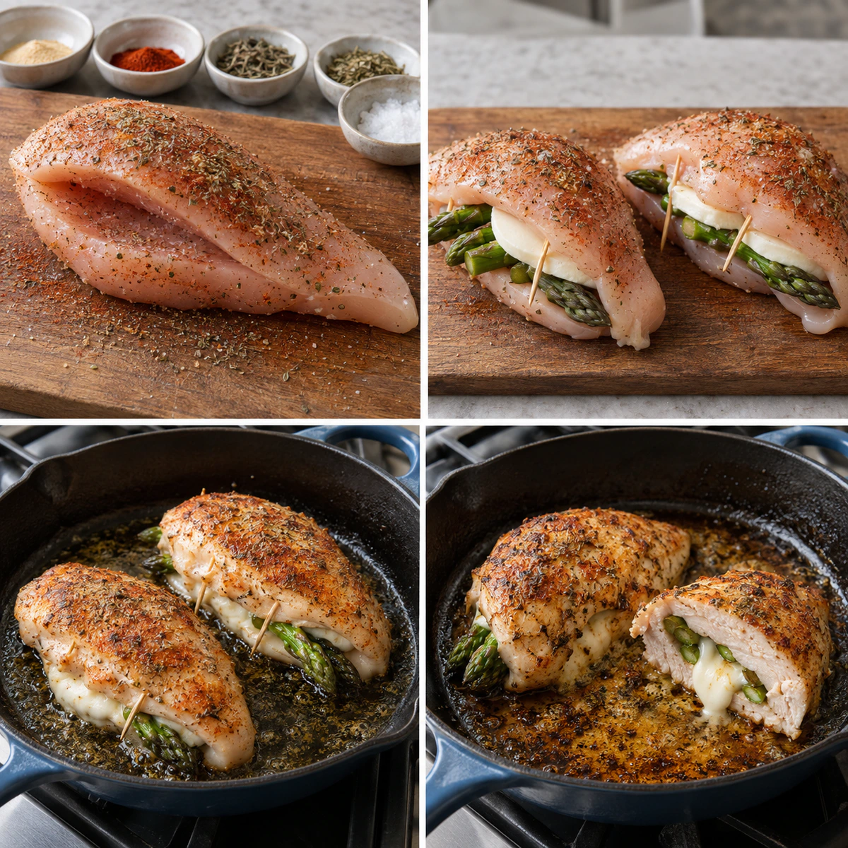 Four chronological preparation stages for Asparagus & Cheese Stuffed Chicken