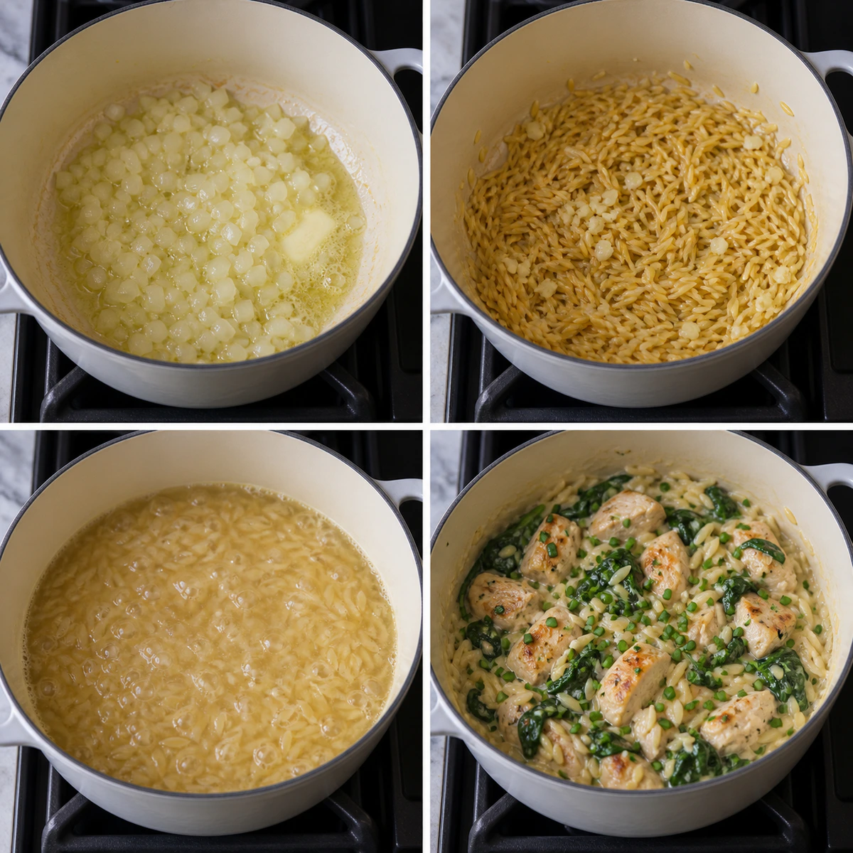 Four chronological preparation stages for Boursin Orzo with Chicken