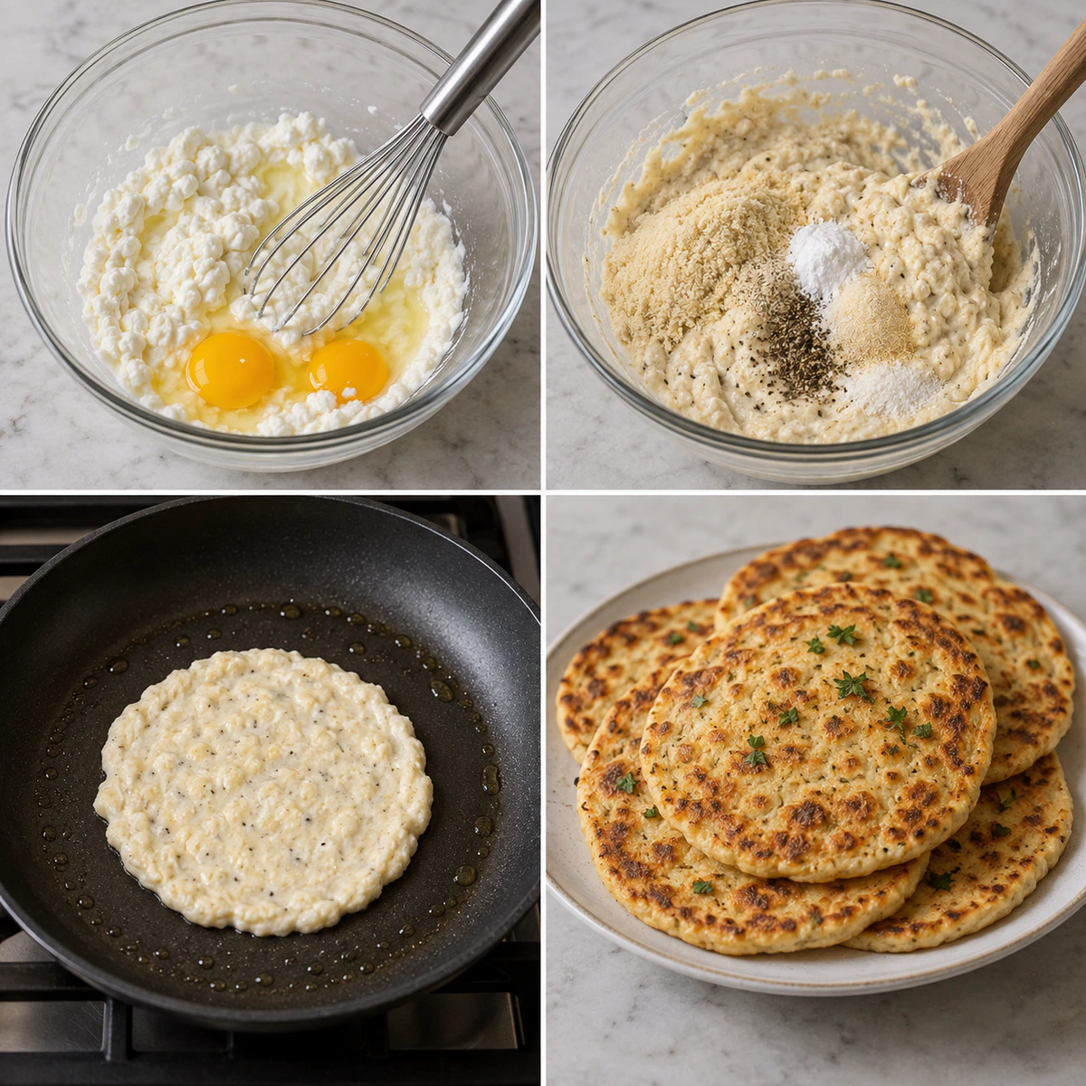 Four chronological preparation stages for Cottage Cheese Flatbread