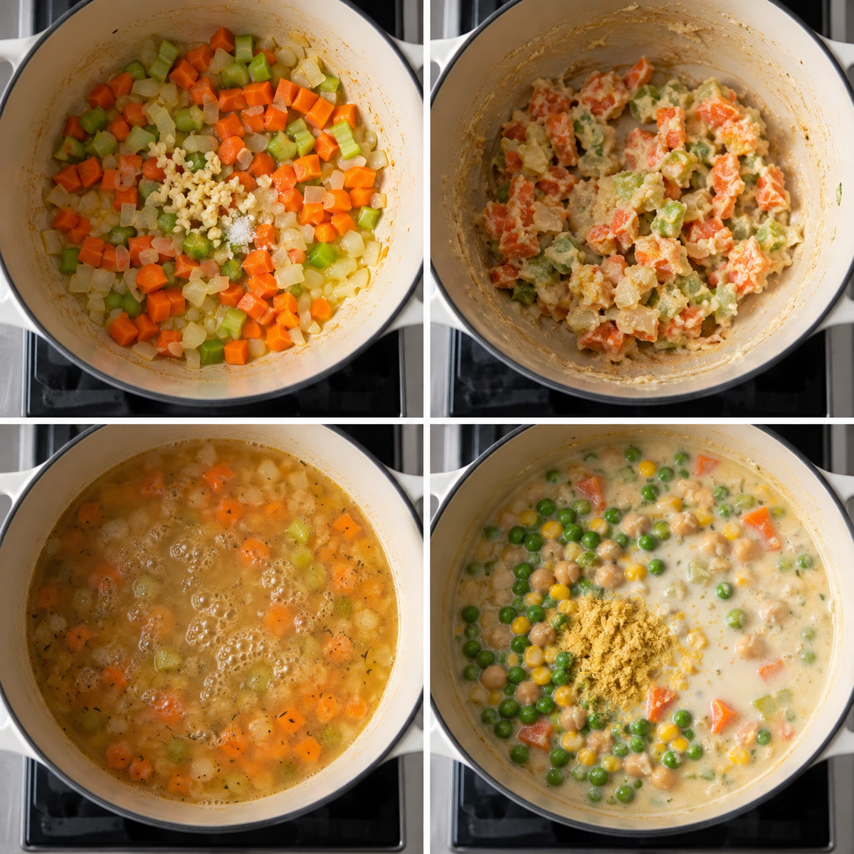 Four chronological preparation stages for One-Pot Creamy Vegetable Soup