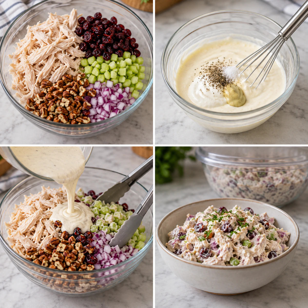 Four chronological preparation stages for Cranberry Chicken Salad