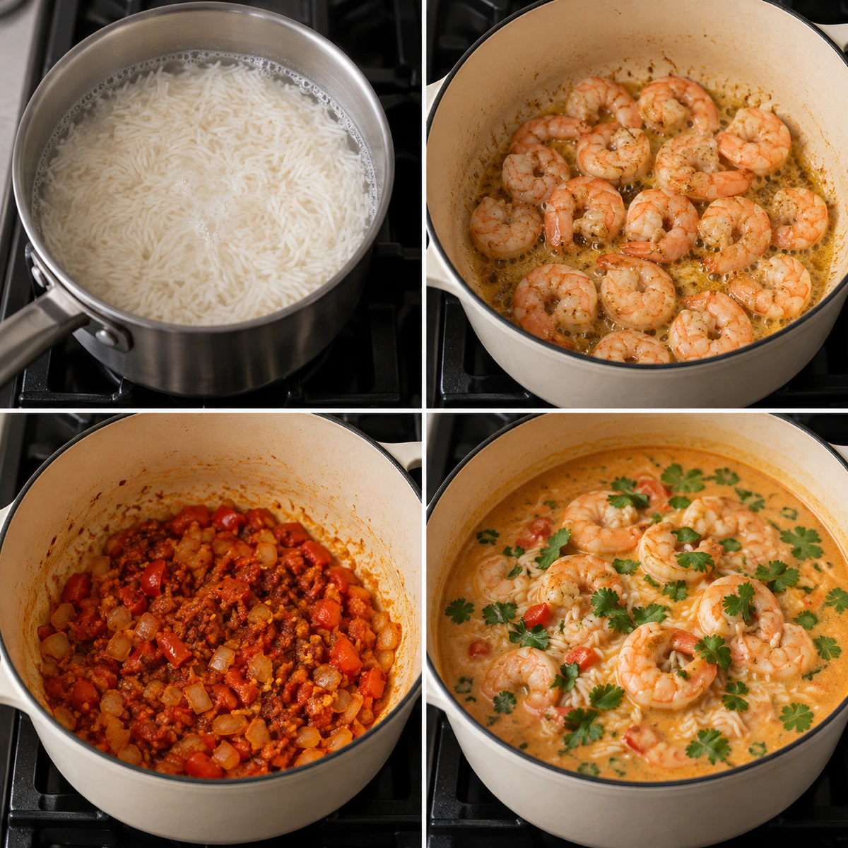 Four chronological preparation stages for Easy Thai Shrimp Soup