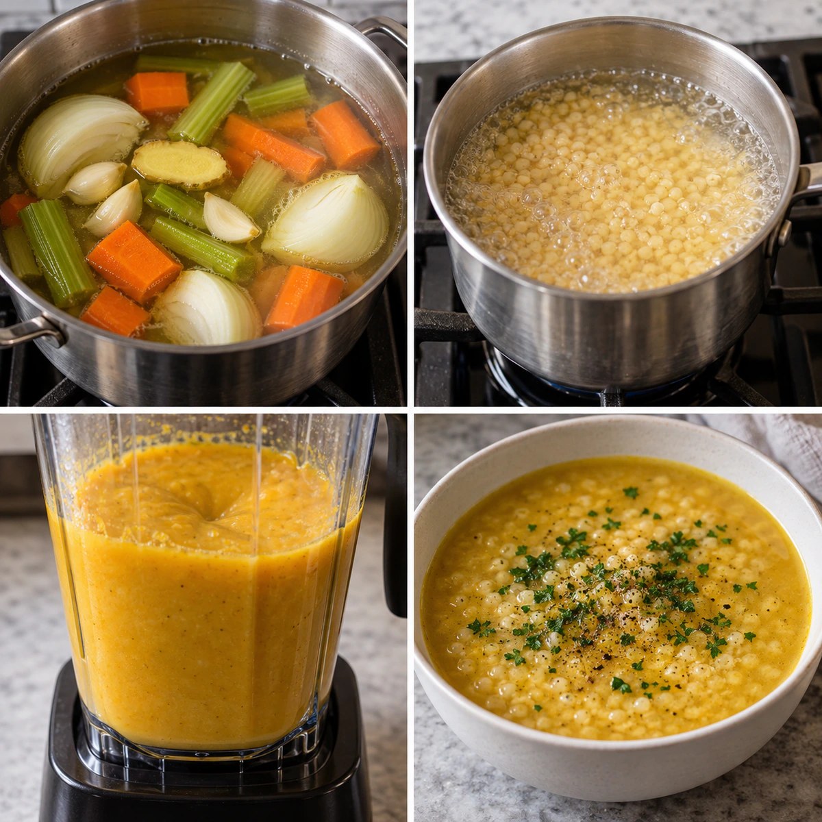 Four chronological preparation stages for Italian Penicillin Soup