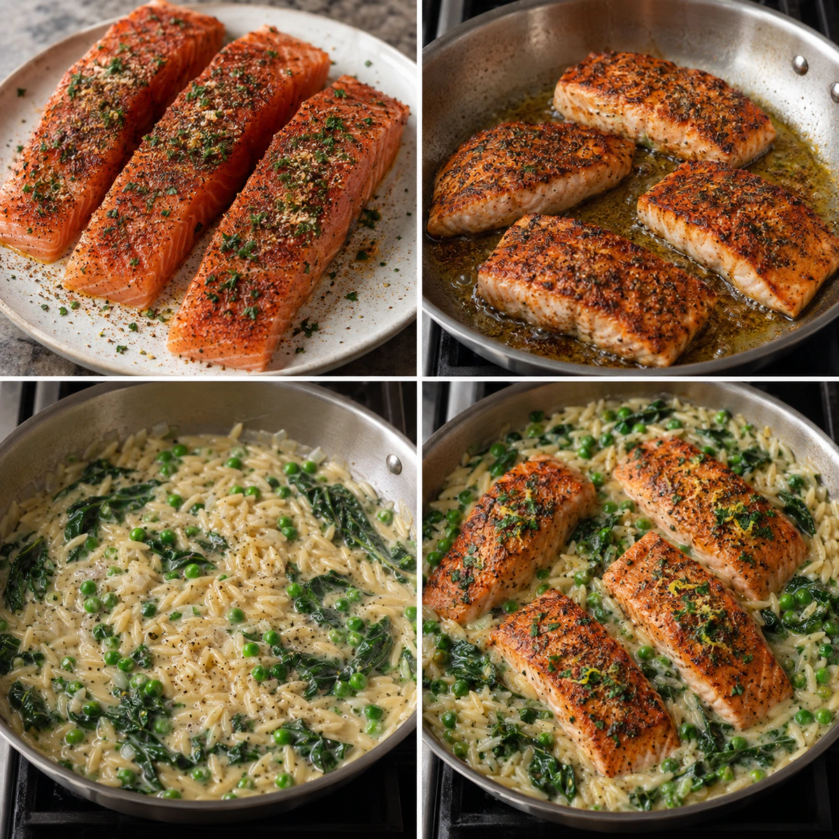 Four chronological preparation stages for One-pan Lemon Orzo and Salmon