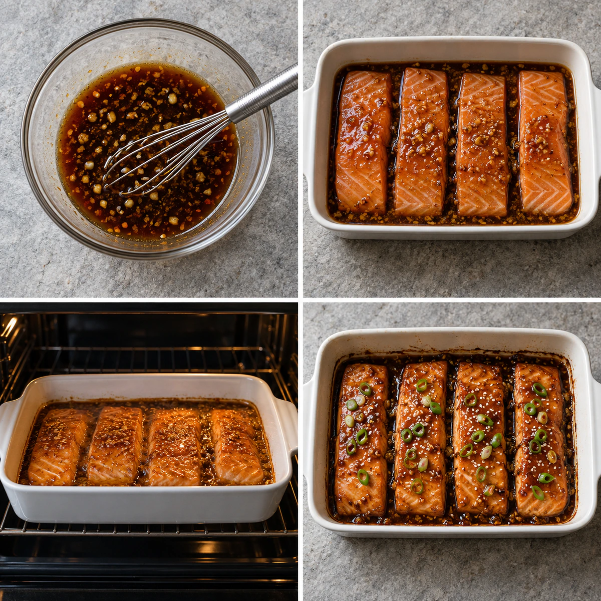 Four chronological preparation stages for Baked Teriyaki Salmon