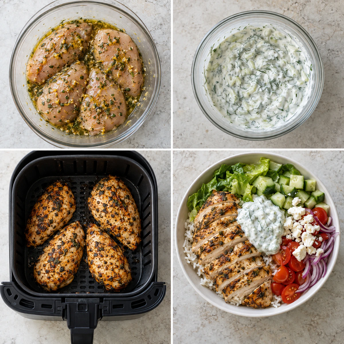 Four chronological preparation stages for Greek Chicken Bowls